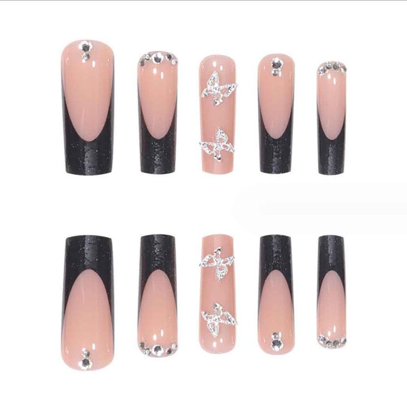 Foccna Press on Nails Long Rhinestone Pink Fake Nails Black Square Bling Glossy Artificial Nails Finger Manicure for Women and Girls-24pcs (Long Nails 1) - Image 3